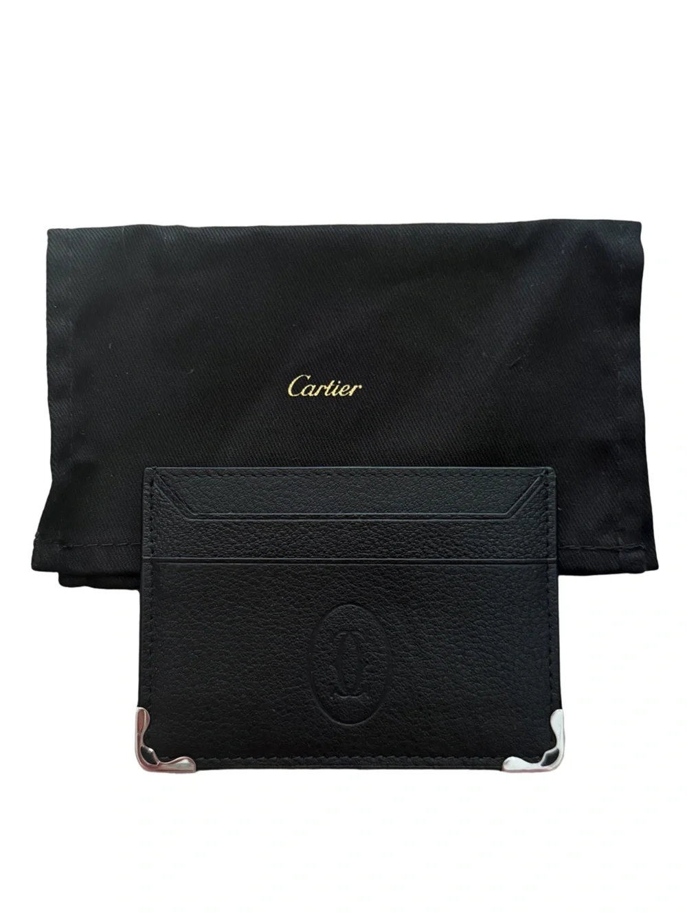 Cartier Black Leather Cardholder with Logo and Silver Corner Accents